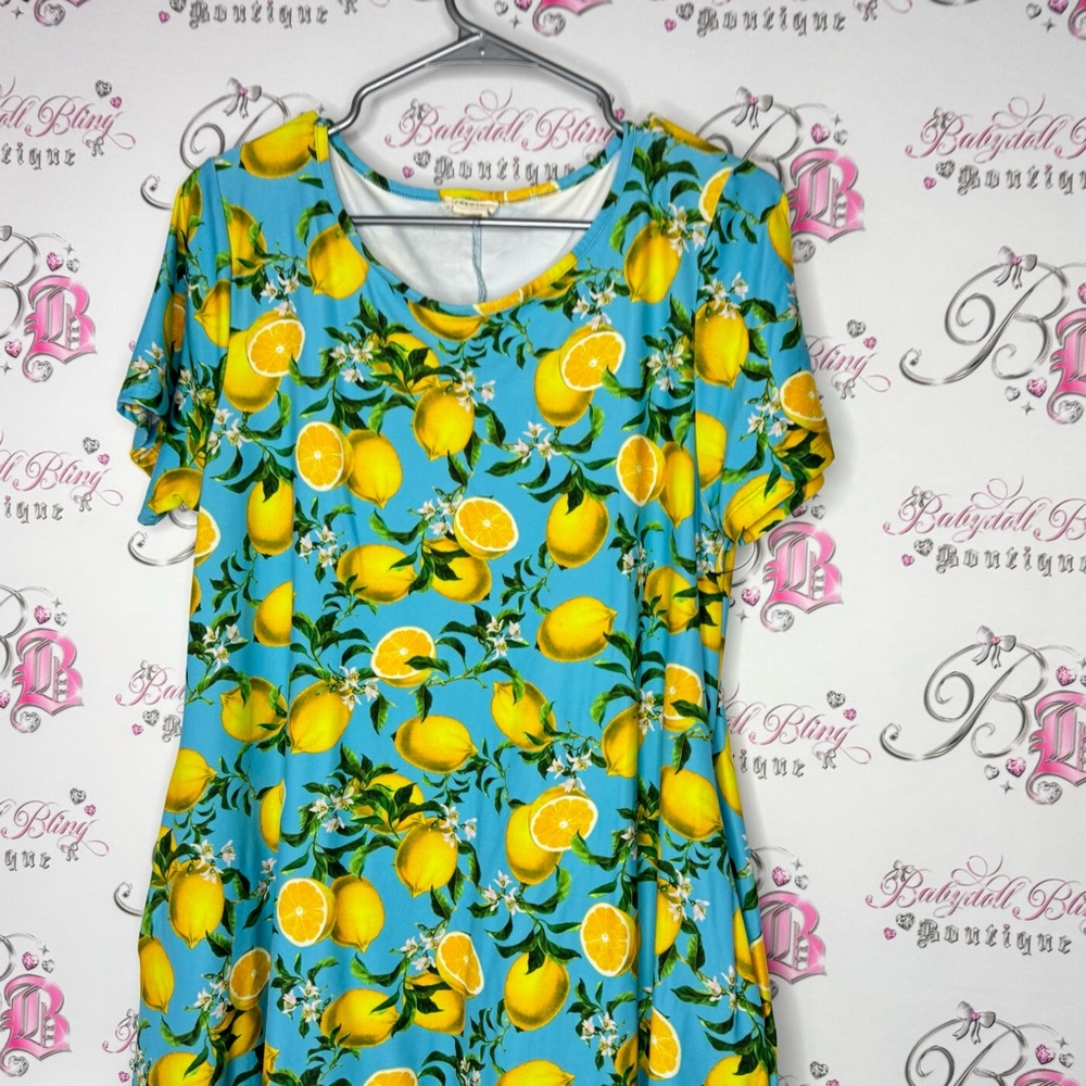 Yelete dress Lemon Print Blue yellow pockets on sides Tshirt style - Picture 11 of 11